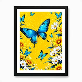 Blue Butterflies And Daisies Art Print