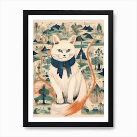 White Cat With Medieval Forest Background Art Print