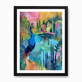 Peacock By The River Colourful Painting 1 Art Print
