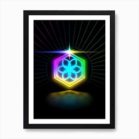 Neon Geometric Glyph in Candy Blue and Pink with Rainbow Sparkle on Black n.0074 Art Print