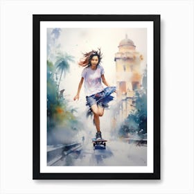Girl Skateboarding In Shanghai, China Watercolour 2 Art Print