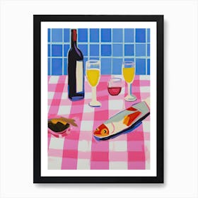 Painting Of A Table With Food And Wine, French Riviera View, Checkered Cloth, Matisse Style 1 Art Print