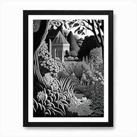 Giverny Gardens, 1, France Linocut Black And White Vintage Art Print