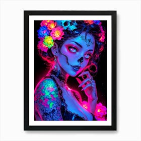 Skull girl with flowers, sexy makeup, and tattoos. Neon anime girl celebrating Dia de los Muertos. A beautiful, cute manga woman with Mexican flair. Art Print