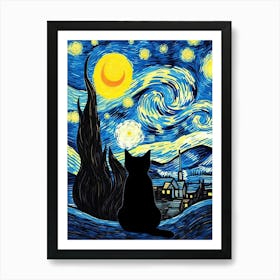 Van Gogh Starry Night Cat Looking Sky Painting Art Print