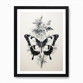 Butterfly, Japanese Brush Painting, Ukiyo E, Minimal 3 Art Print