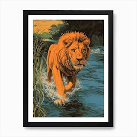 African Lion Relief Illustration Crossing A River 3 Art Print