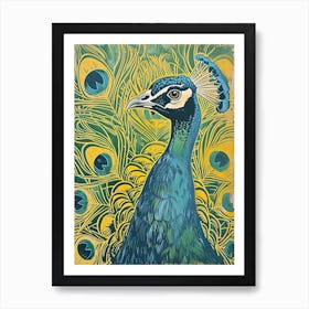 Blue Mustard Linocut Inspired Peacock Feather 4 Art Print
