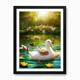 Ryan Gosling As An Anthropomorphic Duck Covered In Fluffy Feathers Paddling Through A Serene Duck Art Print