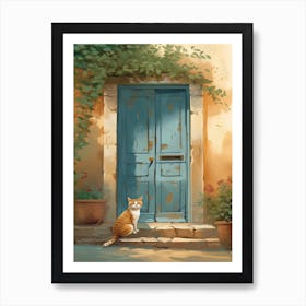 Ginger Cat Mediterranean Blue Door Art Print