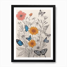 Yellow Flowers And Blue Butterflies Art Print