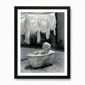 1930s 1940s Girl Outdoors Sitting In Laundry Basket Art Print