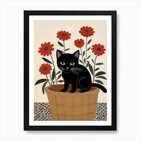 Floral Black Cat Painting (40) Art Print