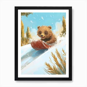 Sloth Bear Cub Sledding Down A Snowy Hill Storybook Illustration 3 Art Print