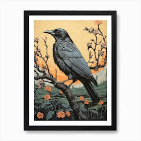 Vintage Bird Linocut Raven 4 Art Print