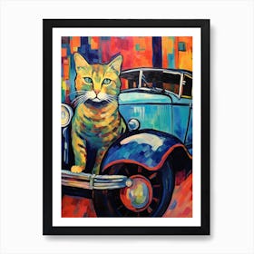 Vintage Car With A Cat, Matisse Style Painting 0 Art Print