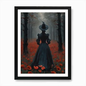 A Victorian Witch Amongst Red Poppies - Dark Aesthetic Gloomy Beautiful Forlorn Solitude Painting by Sarah Valentine Art Print