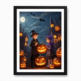 Children With Halloween Pumpkins 1 Art Print