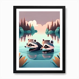 Two Raccoons Swimming In A Lake Art Print