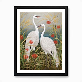 Cranes In Silver Grass 3 Vintage Japanese Botanical Art Print