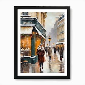 Paris cafes, winter season, Christmas, autumn oil colors, pale colors, pedestrians in the street, winter clothes, falling snow.Christmas decorations.14 1 Art Print