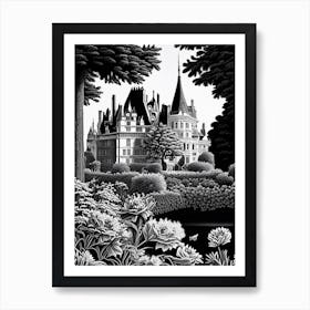Château De Chenonceau Gardens, 1, France Linocut Black And White Vintage Art Print