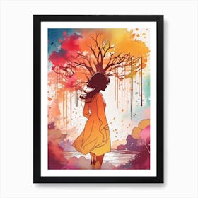 Tree Of Life and Woman Silhouette Watercolor Splash 2 Art Print