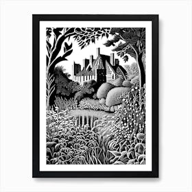 Sissinghurst Castle Garden, United Kingdom Linocut Black And White Vintage Art Print