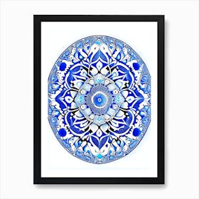 Mandala Symbol Blue And White Line Drawing Art Print