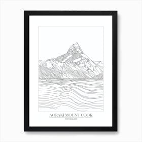 Aoraki Mount Cook New Zealand Line Drawing 2 Poster Art Print