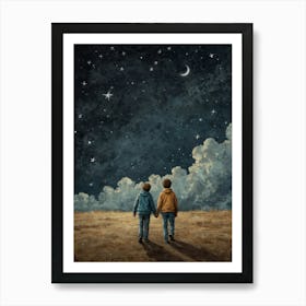 Two Boys Holding Hands Under The Stars Art Print