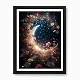 Moon And Flowers Art Print