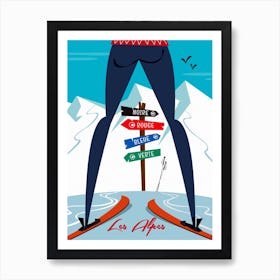 Les Alpes Piste Sign Poster Blue & White Art Print