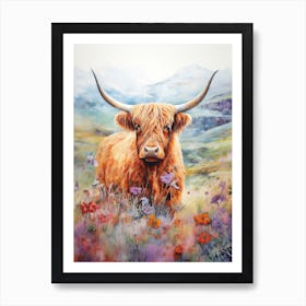 Highland Cow In Wildflower Field Watercolour 1 Art Print