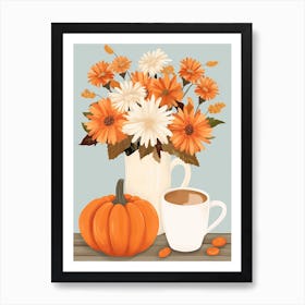 Pitcher With Sunflowers, Atumn Fall Daisies And Pumpkin Latte Cute Illustration 9 Art Print