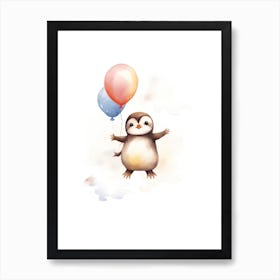 Baby Penguin Flying With Ballons, Watercolour Nursery Art 1 Art Print