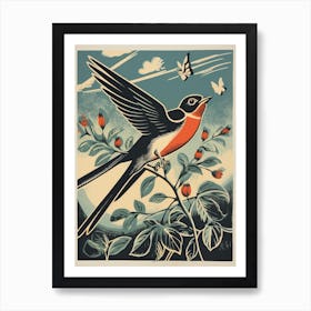 Vintage Bird Linocut Swallow 3 Art Print