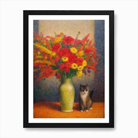 Snapdragons With A Cat 3 Pointillism Style Art Print