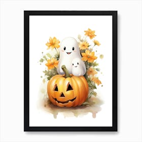 Cute Ghost With Pumpkins Halloween Watercolour 71 Art Print