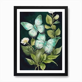 Butterflies On A Green Leaf Art Print