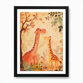 Dinosaur & Giraffe Friends Storybook Style Art Print