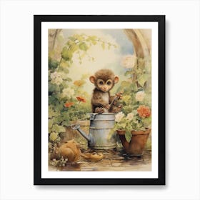 Monkey Painting Gardening Watercolour 2 Art Print