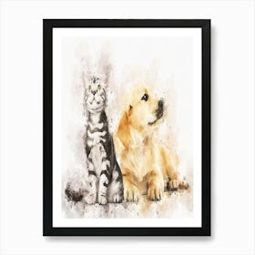 Golden Retriever Puppy And British Shorthair Kitten Art Print