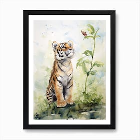 Tiger Illustration Birdwatching Watercolour 3 Art Print