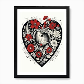 Heart Red & Black Linocut Style White Background 4 Art Print