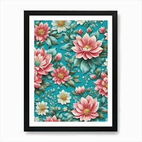 Painted Spring and Summer Flowers Boho Pattern - Turquoise Background Pink and White Blossom Bohemian Wallpaper Art Like Amy Butler and William Morris Fabric Print For Pagan Gallery Feature Wall Floral Botanical Luna Lover HD Art Print