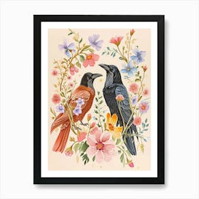 Folksy Floral Animal Drawing Raven Art Print