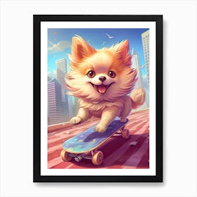 Pomeranian Dog Skateboarding Illustration 2 Art Print