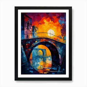 Old Town Stone Bridge in Sunset, Vibrant Colorful Painting in Van Gogh Style Art Print