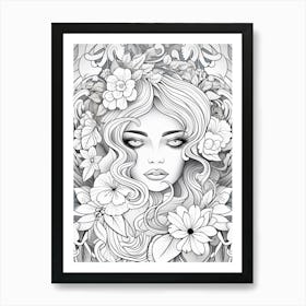 Floral Fine Line Face Drawing 4 Art Print